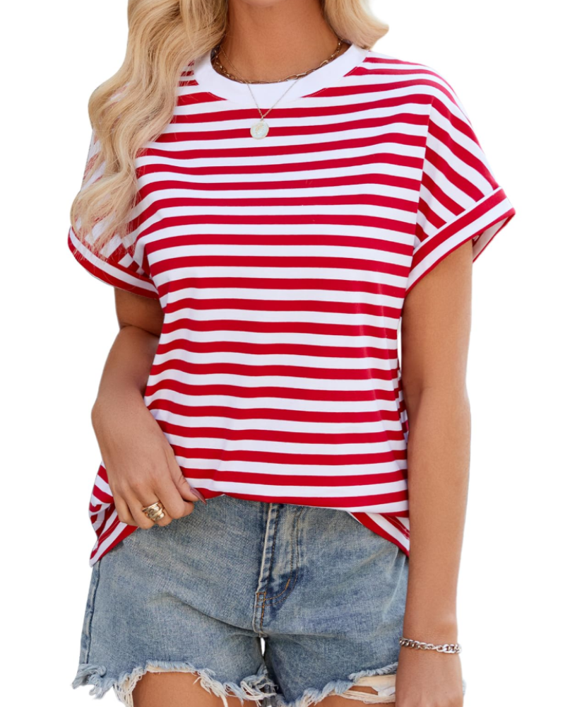 Tatum T-shirt Oversize Femme – Haut Rayé Col Rond Manches Mi-Longues en Coton Mélangé