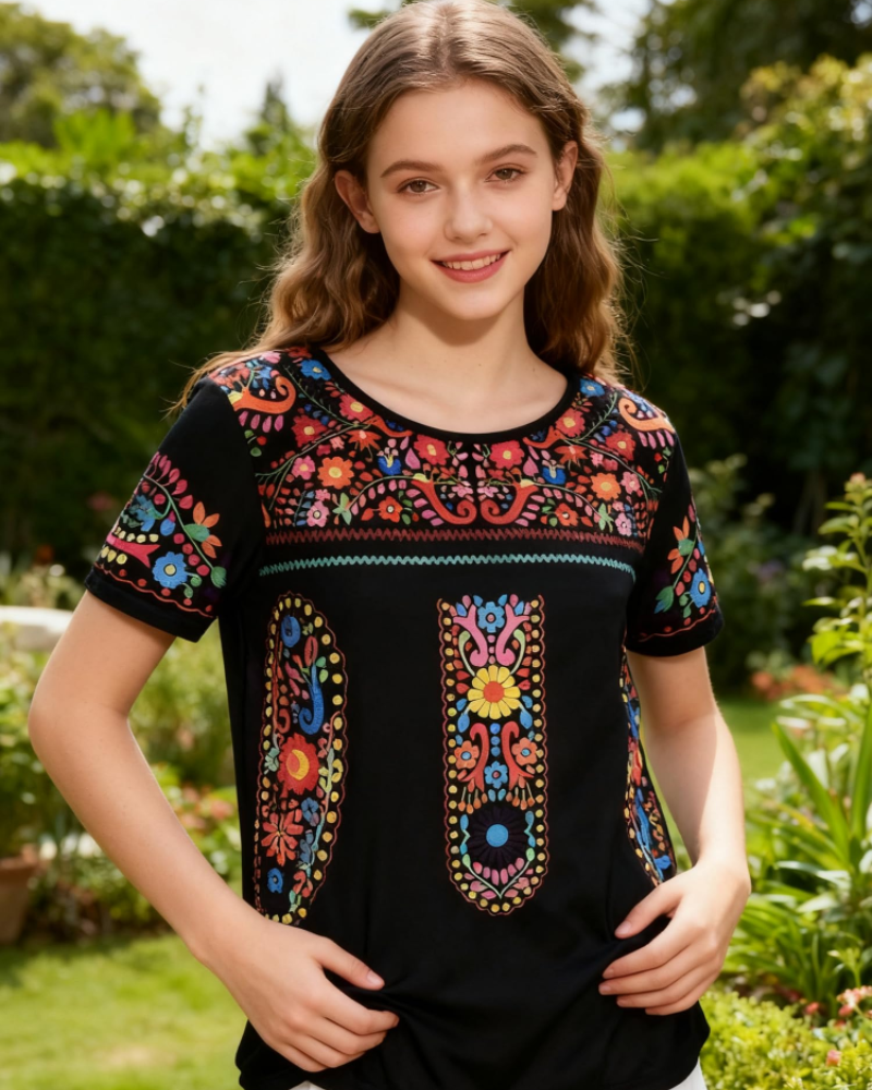 Naomi Blusa Donna – Top Boho Ricamo Floreale Maniche Corte Collo Tondo Taglio Ampio