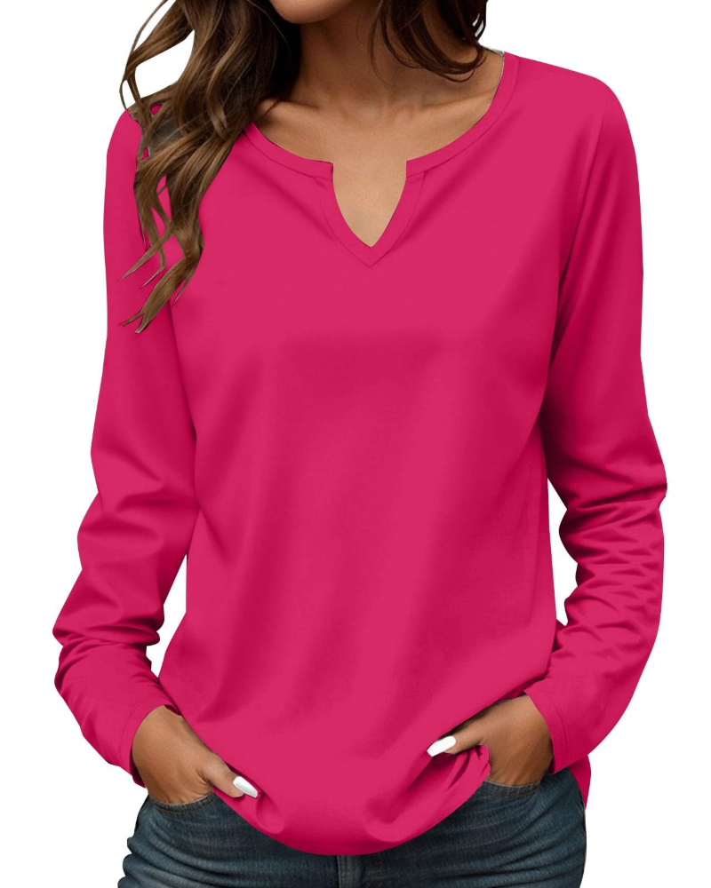 Carly T-Shirt Femme – Haut Col Rond Brodé en Coton à Manches Longues Coupe Ajustée