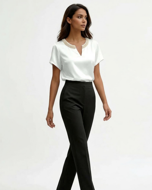 Camicia Blaire da donna – Blusa satinata effetto seta scollo a V maniche corte elegante