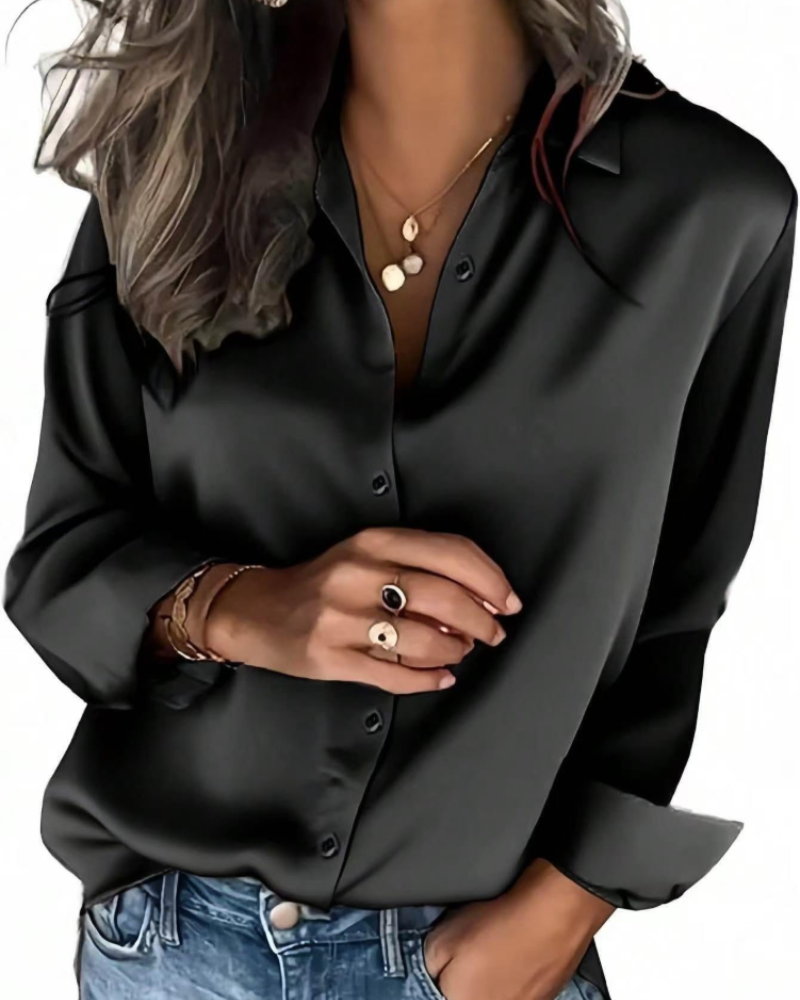 Aubrey Chemisier Femme – Blouse Satinée Boutonnée Effet Soie Manches Longues Élégante