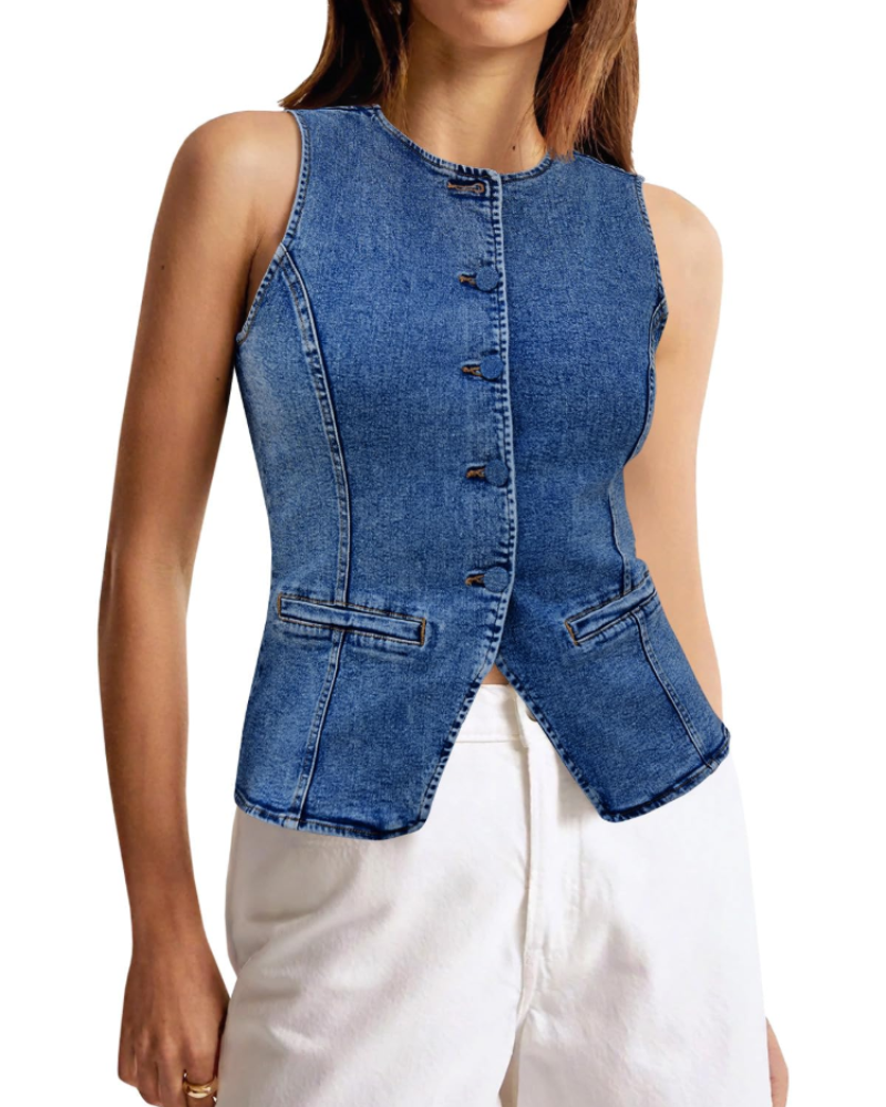 Dakota Gilet en Jean Femme – Veste Sans Manches Boutonnée Coupe Courte Slim Fit