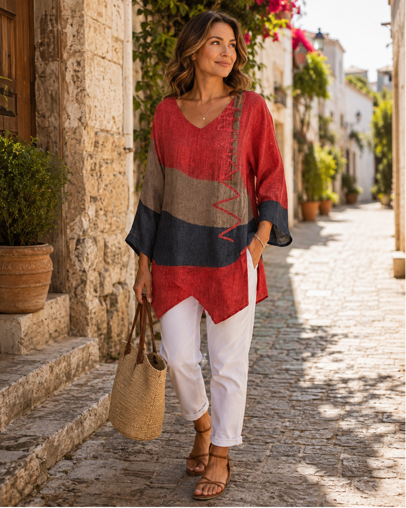 Anaïs Top Femme – Haut Bicolore à Col V, Coupe Élégante & Tissu Léger Confortable