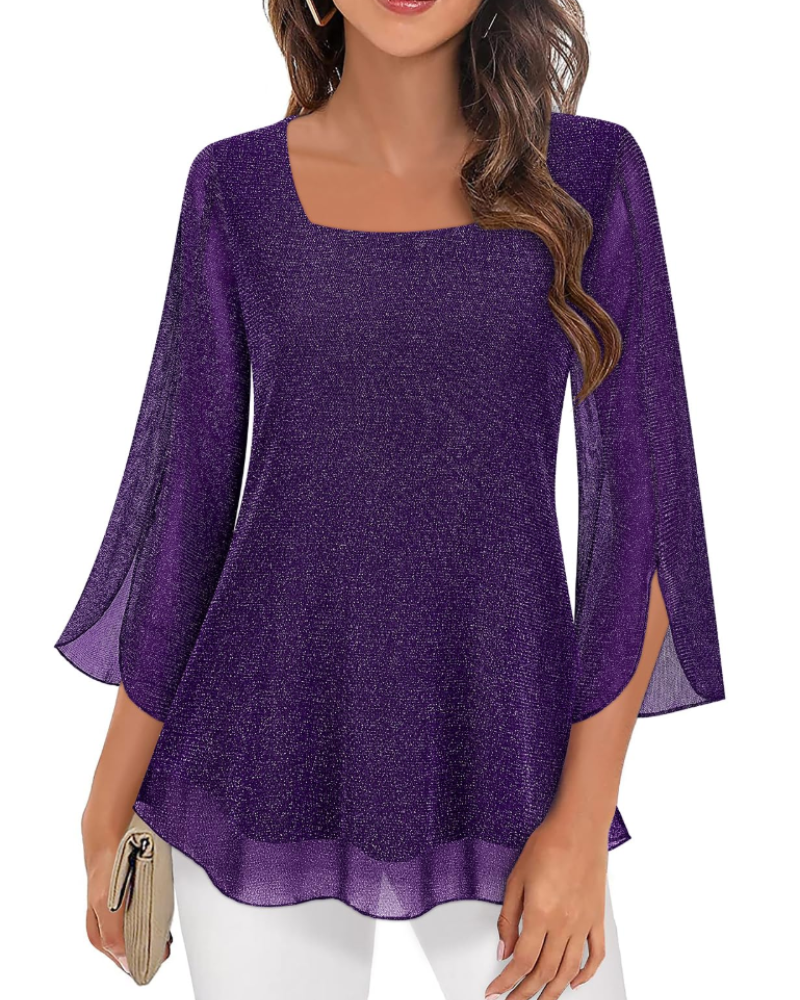 Phoebe Blouse Women’s – Square Neck Chiffon Top with 3/4 Flared Sleeves Floral Print  