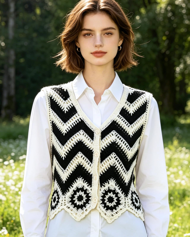 Cardigan donna Brianna – Gilet corto senza maniche in crochet stile etnico con bottoni