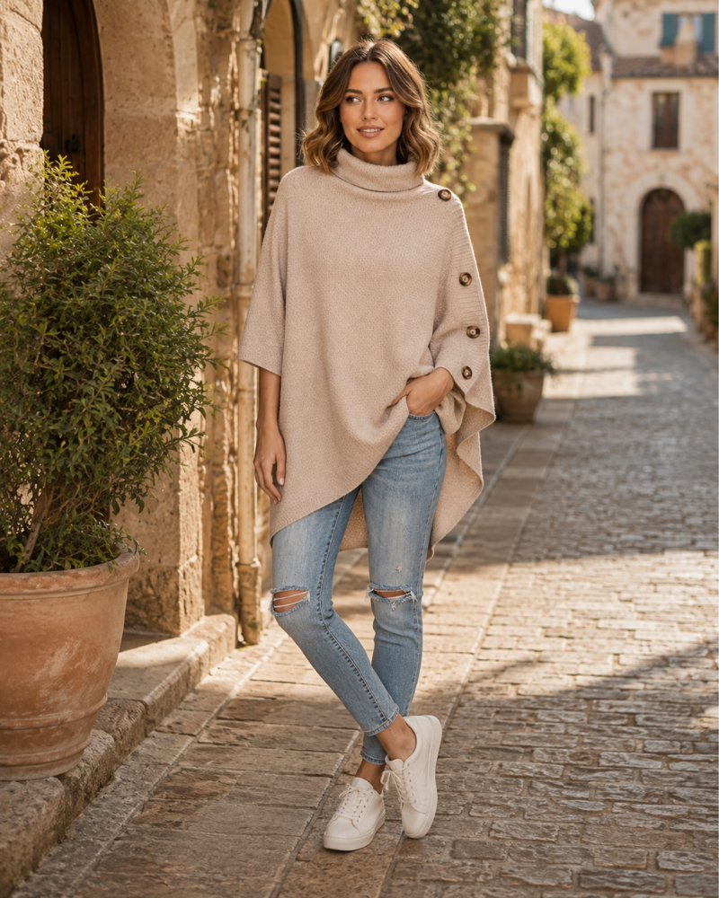 Louise Poncho Donna in Lana – Poncho Oversize con Collo Alto e Taglio Asimmetrico Elegante