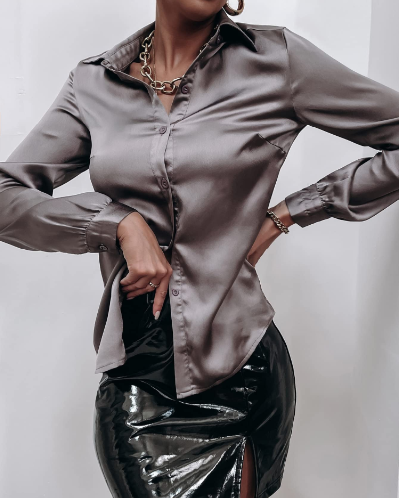 Fallon Chemisier Femme – Blouse Satinée à Manches Longues Élégante Effet Soie