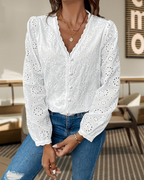 Blusa Heather para mujer – Camisa bordada cuello en V vintage mangas largas con botones elegante