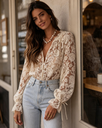 Imogen Women's Blouse – Transparent Lace Shirt with V-Neck, Bell Sleeves, and Floral Embroidery