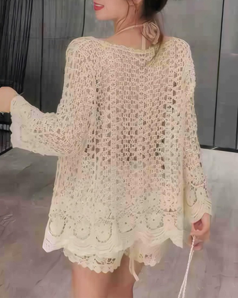 Cardigan Bailey da donna – Gilet lungo all’uncinetto aperto in cotone lavorato a maglia traforata, elegante