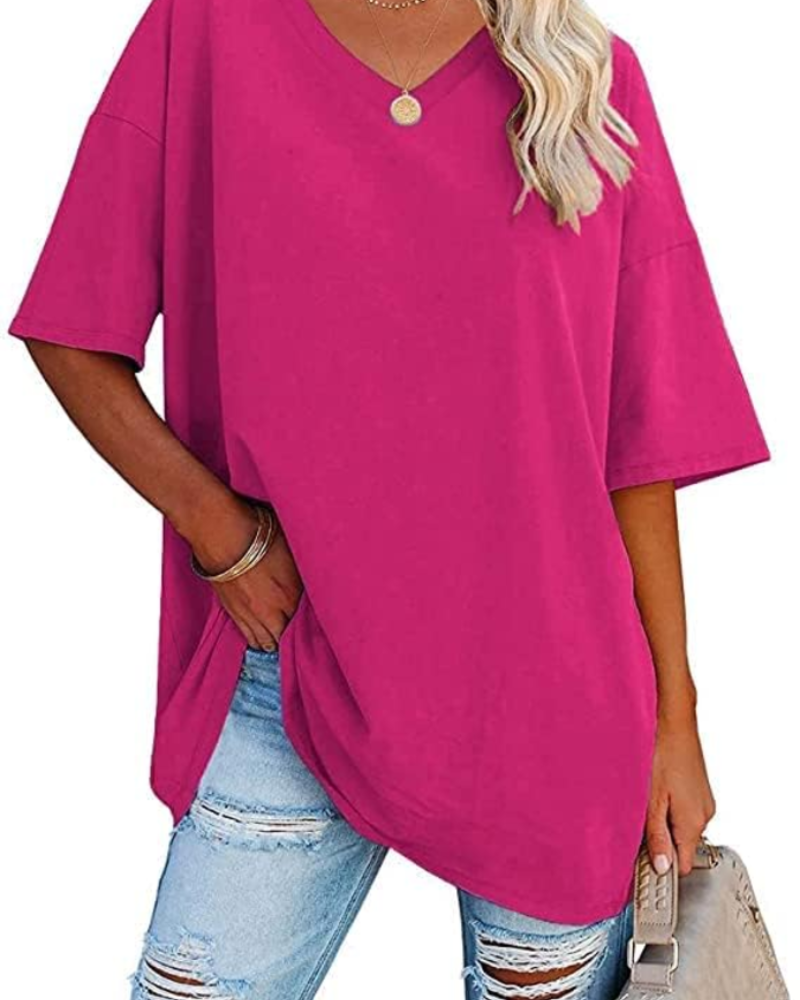 Natalie T-Shirt Femme – Haut Oversize Col V en Coton à Manches Courtes Uni