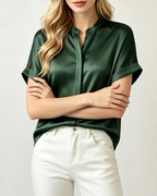 Campbell Chemisier Femme – Blouse Satinée Col Mandarin Manches Courtes Retroussées Élégante
