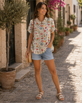 Maelis Blouse Femme – Blouse Décontractée à Manches Courtes avec Imprimé Floral Champêtre et Col Rond
