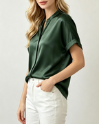 Campbell Chemisier Femme – Blouse Satinée Col Mandarin Manches Courtes Retroussées Élégante