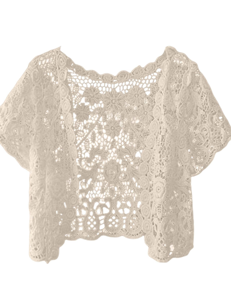 Cardigan Hadley all'uncinetto da donna – Gilet traforato floreale a maniche corte aperto in stile bohémien