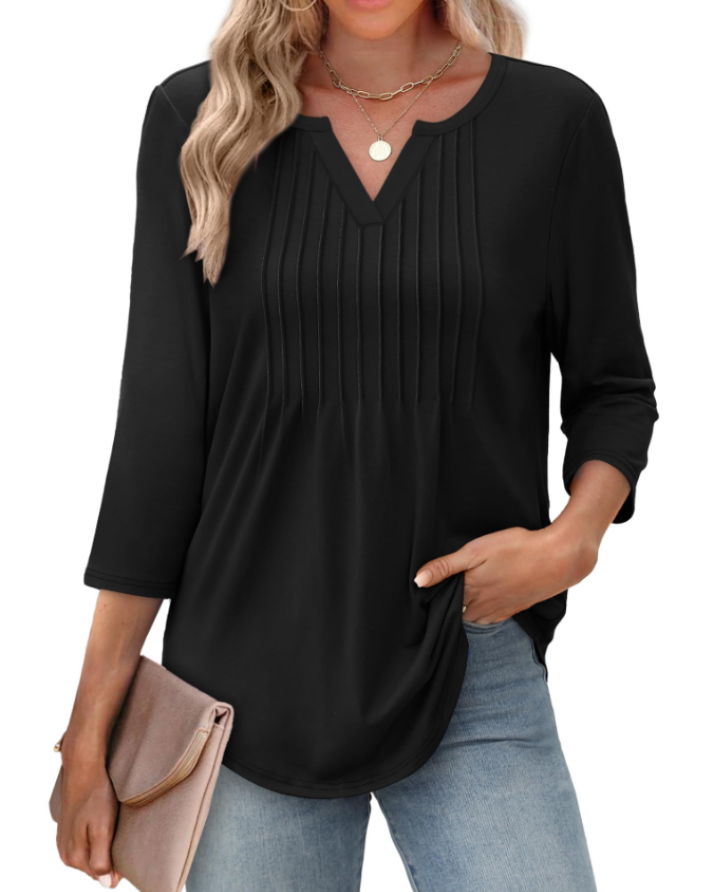 Chelsea Blouse Women’s – V-Neck Top with 3/4 Pleated Sleeves Casual Elegant  