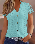 Blusa Mallory para mujer – Top cuello en V encaje mangas cortas con botones elegante liso