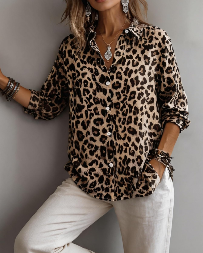 Tinsley Chemisier Femme – Chemise Satinée Léopard à Manches Longues Boutonnée Élégante