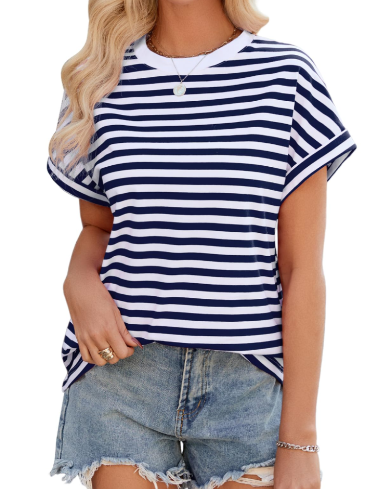 Tatum T-shirt Oversize Femme – Haut Rayé Col Rond Manches Mi-Longues en Coton Mélangé