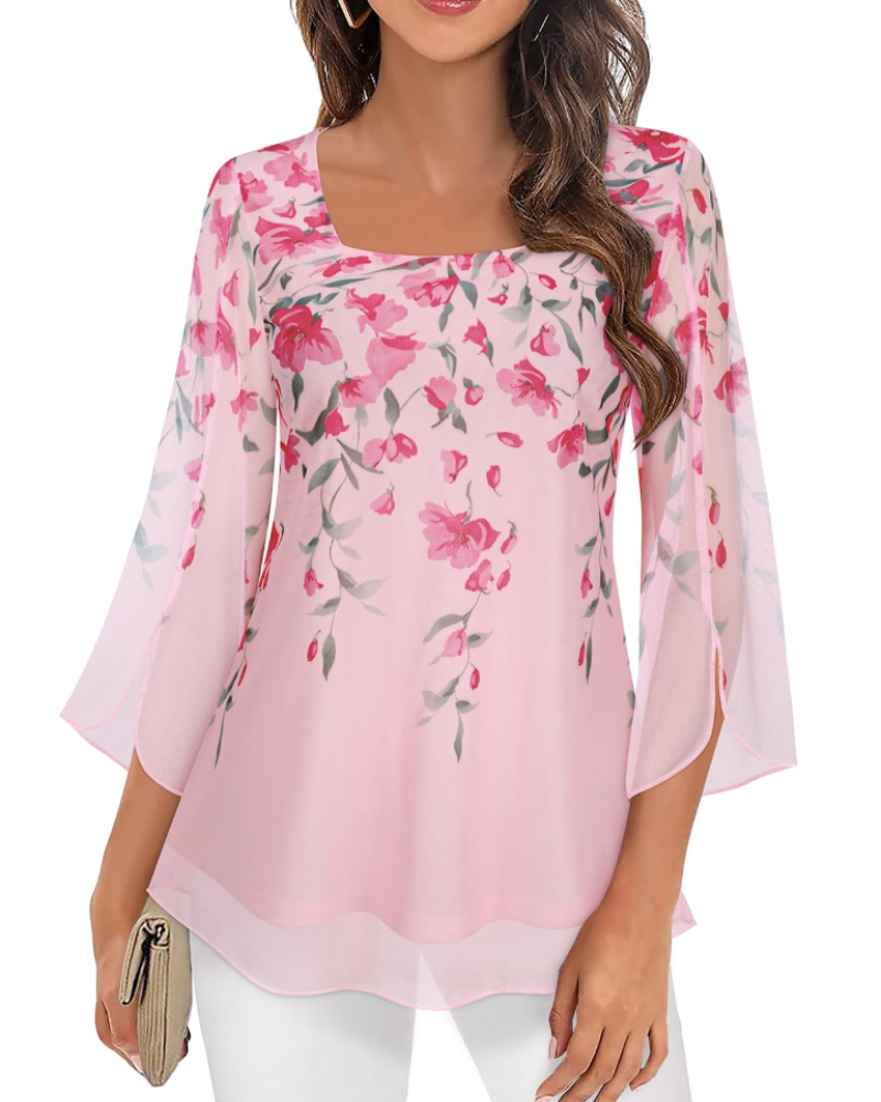 Phoebe Blouse Women’s – Square Neck Chiffon Top with 3/4 Flared Sleeves Floral Print  