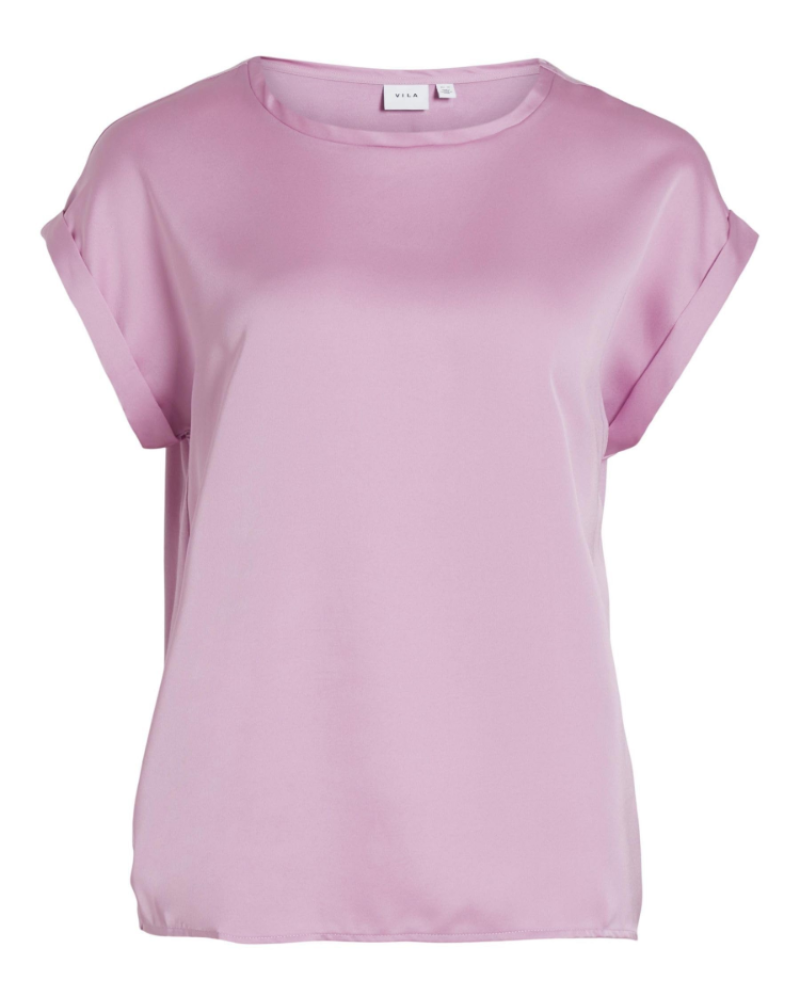Camicia Lennox da donna – Blusa satinata scollo rotondo maniche corte spalle scese elegante