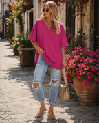 Natalie T-Shirt Femme – Haut Oversize Col V en Coton à Manches Courtes Uni