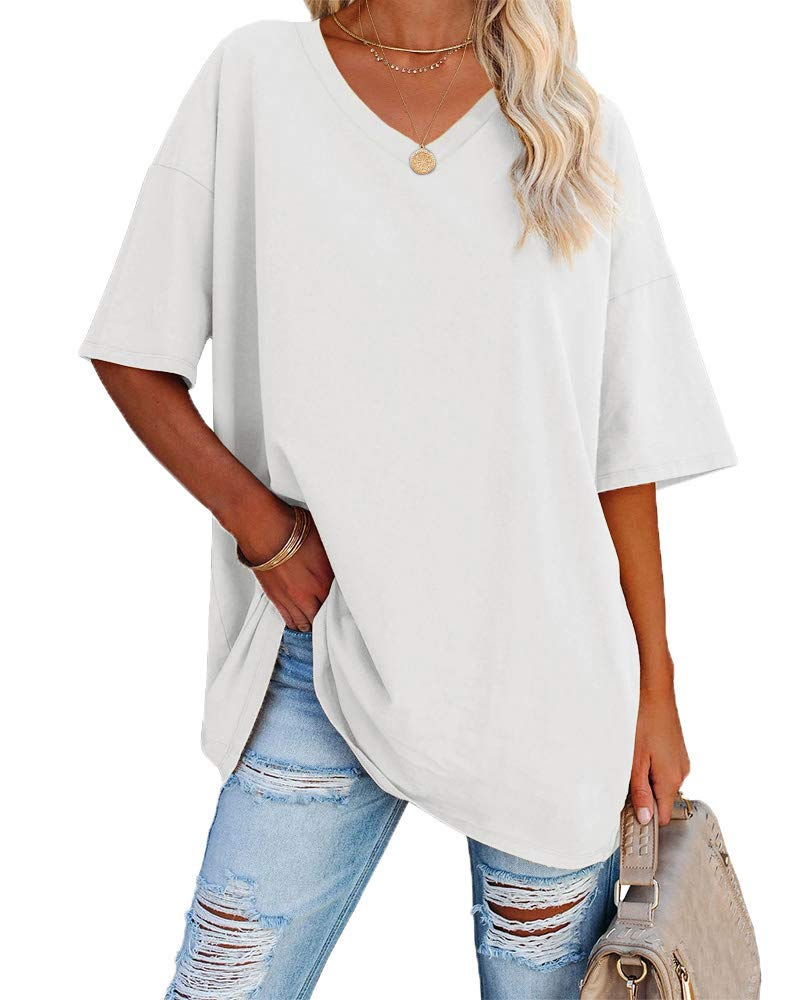 Natalie T-Shirt Femme – Haut Oversize Col V en Coton à Manches Courtes Uni