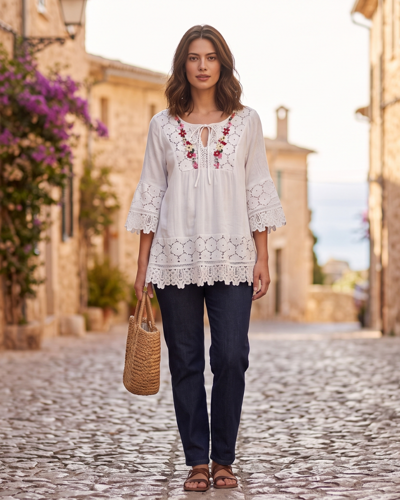 Whitney Women's Blouse – Bohemian V-Neck Tie Top with 3/4 Bell Sleeves, Floral Embroidery, and Lace