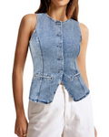 Dakota Women's Denim Vest – Sleeveless Button-Up Cropped Slim Fit Jacket