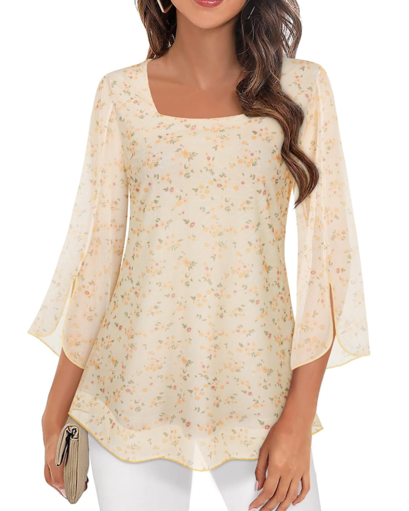 Phoebe Blouse Women’s – Square Neck Chiffon Top with 3/4 Flared Sleeves Floral Print  