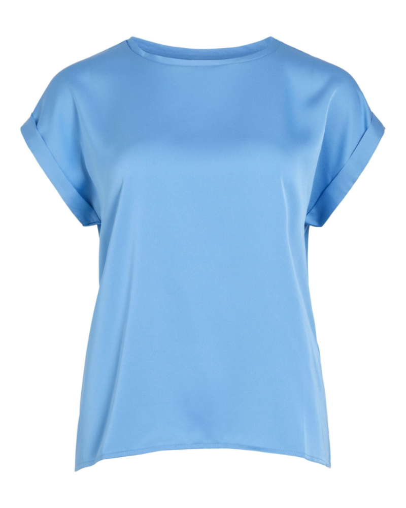 Camicia Lennox da donna – Blusa satinata scollo rotondo maniche corte spalle scese elegante