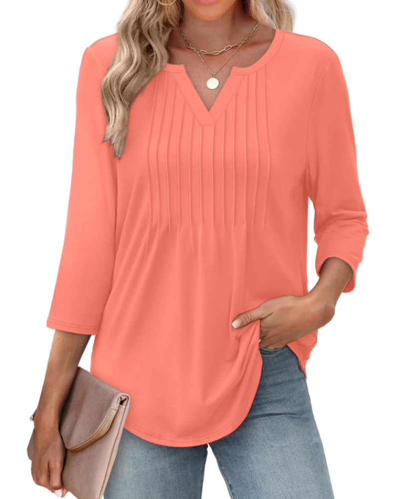 Chelsea Blouse Women’s – V-Neck Top with 3/4 Pleated Sleeves Casual Elegant  