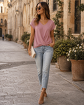 Nina Top Femme – Haut Col V avec Nœud Élégant, Drapé Fluide & Coupe Féminine