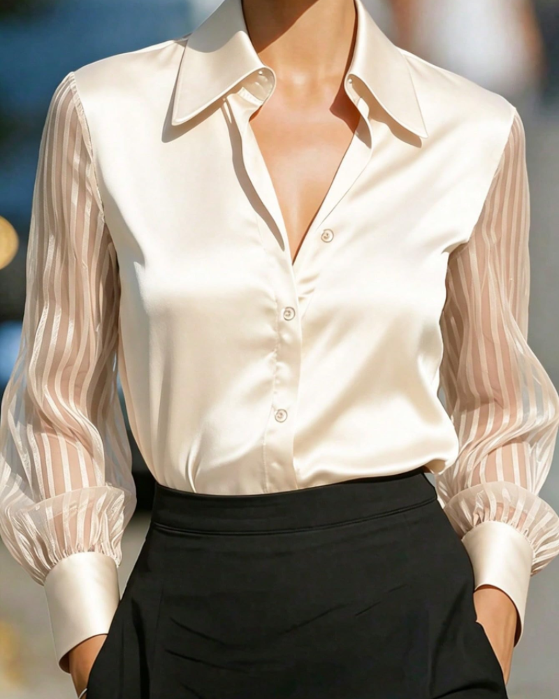 Camicia Greer da donna – Blusa satinata scollo a V righe mesh maniche lunghe con bottoni