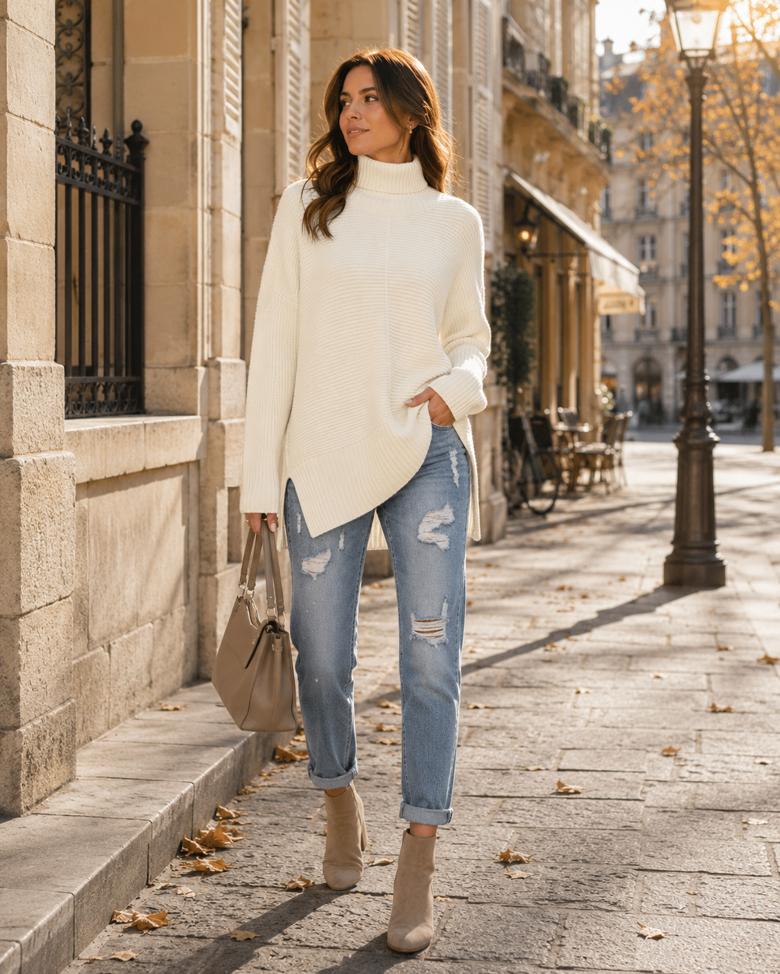 Mabel Pull Femme – Pull Col Roulé Long en Maille Ourlet Asymétrique et Fentes Latérales