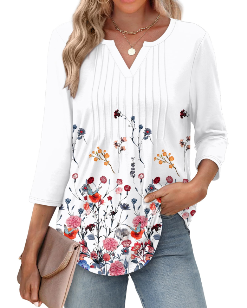 Chelsea Blouse Women’s – V-Neck Top with 3/4 Pleated Sleeves Casual Elegant  