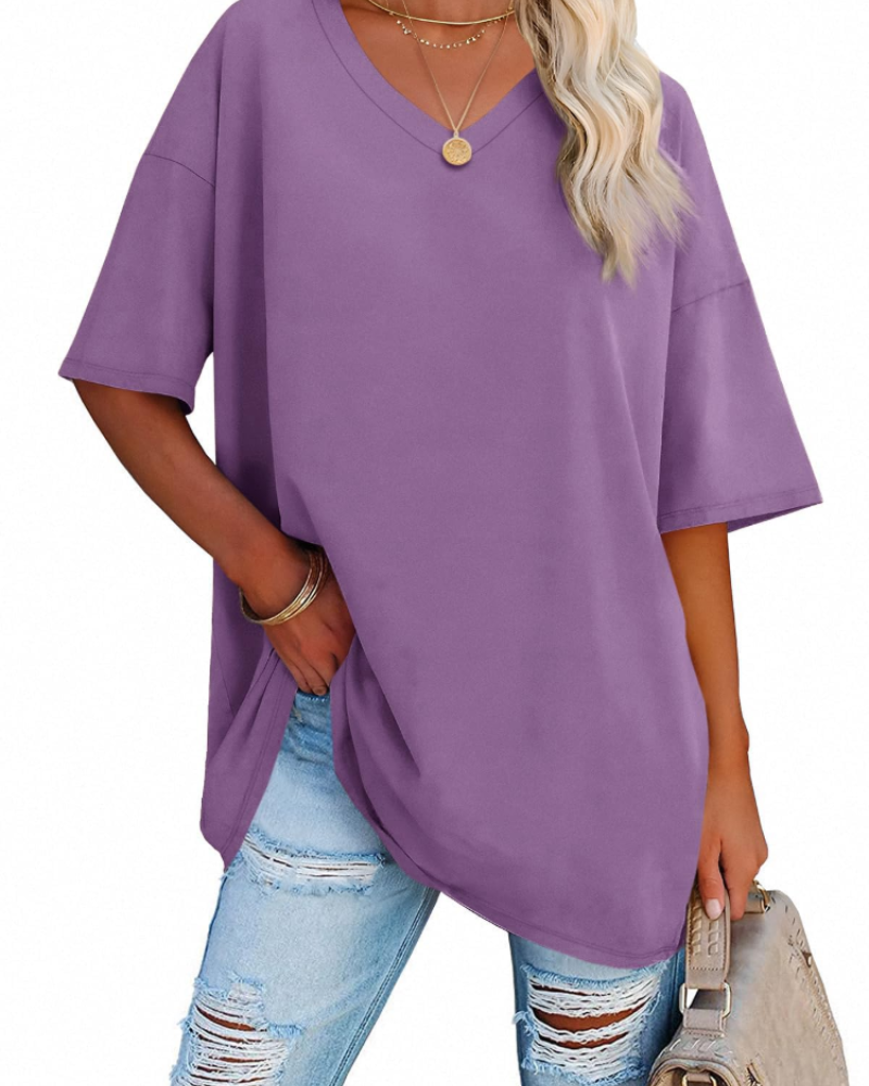 Natalie T-Shirt Femme – Haut Oversize Col V en Coton à Manches Courtes Uni