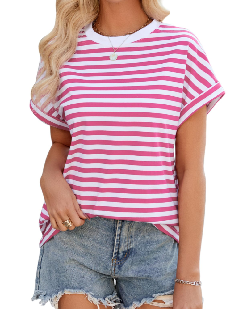 Tatum T-shirt Oversize Femme – Haut Rayé Col Rond Manches Mi-Longues en Coton Mélangé