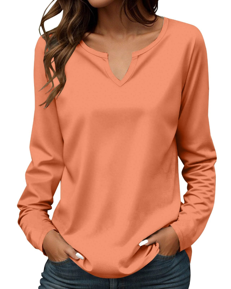 Carly T-Shirt Femme – Haut Col Rond Brodé en Coton à Manches Longues Coupe Ajustée
