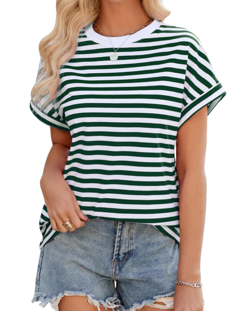 Tatum T-shirt Oversize Femme – Haut Rayé Col Rond Manches Mi-Longues en Coton Mélangé