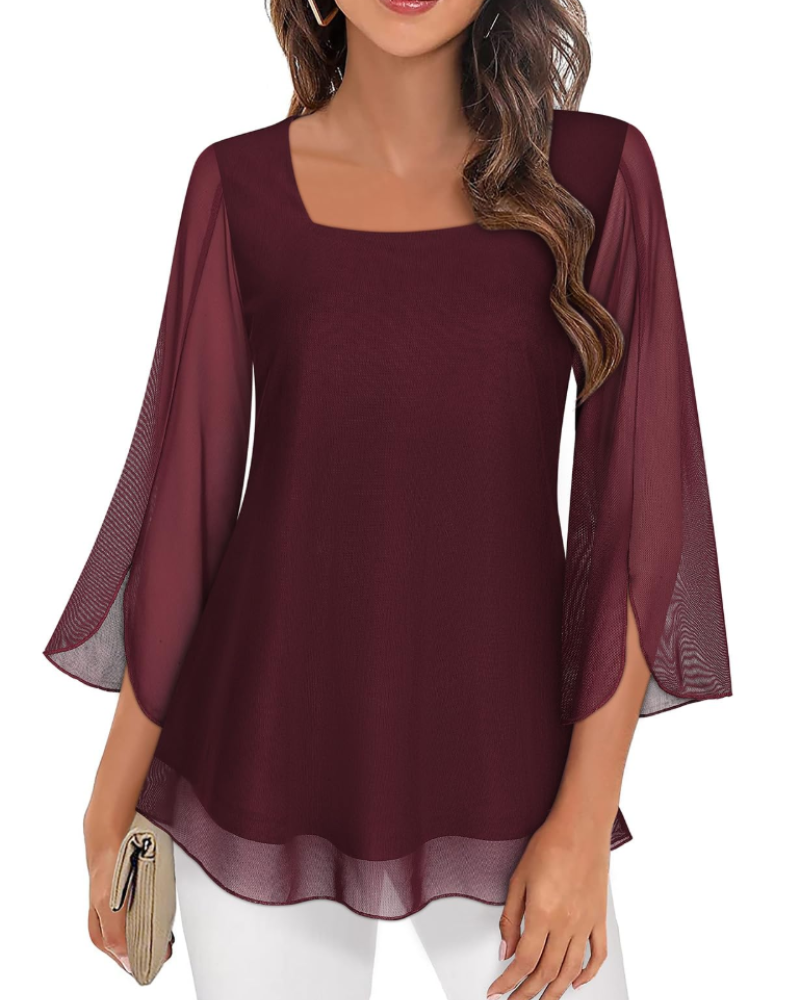 Phoebe Blouse Women’s – Square Neck Chiffon Top with 3/4 Flared Sleeves Floral Print  