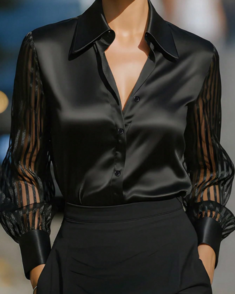 Camicia Greer da donna – Blusa satinata scollo a V righe mesh maniche lunghe con bottoni