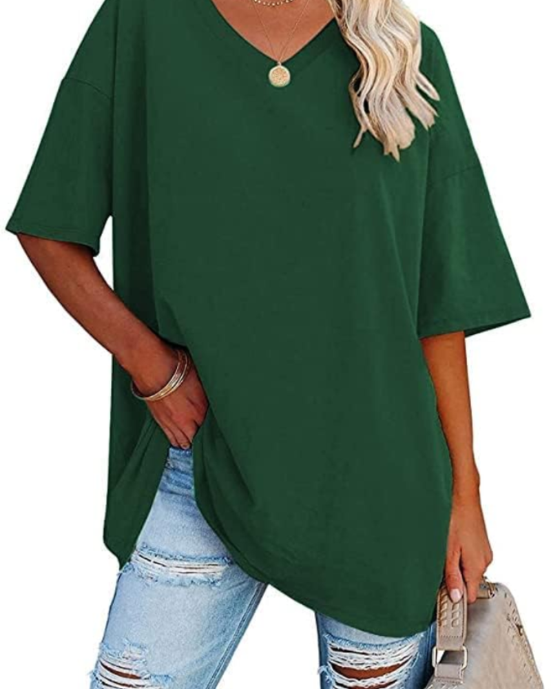 Natalie T-Shirt Femme – Haut Oversize Col V en Coton à Manches Courtes Uni