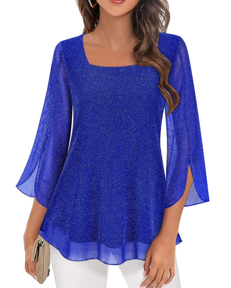 Phoebe Blouse Women’s – Square Neck Chiffon Top with 3/4 Flared Sleeves Floral Print  