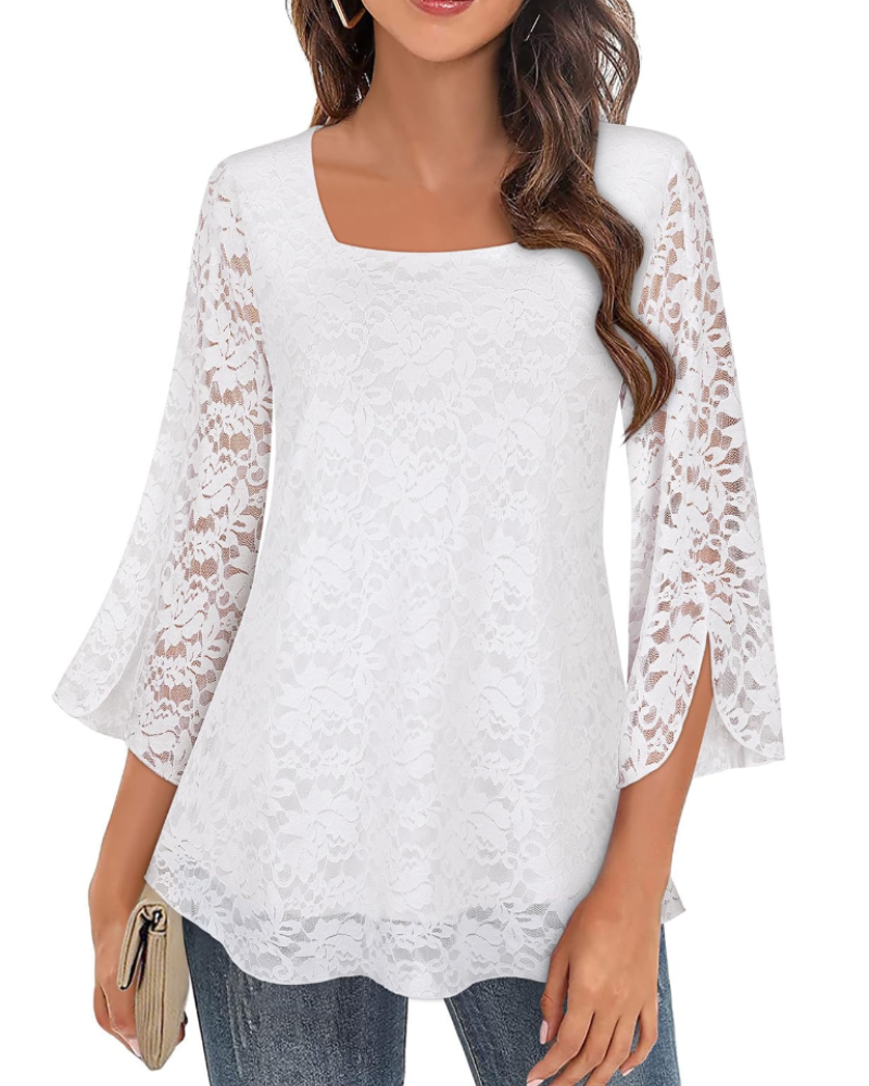 Phoebe Blouse Women’s – Square Neck Chiffon Top with 3/4 Flared Sleeves Floral Print  