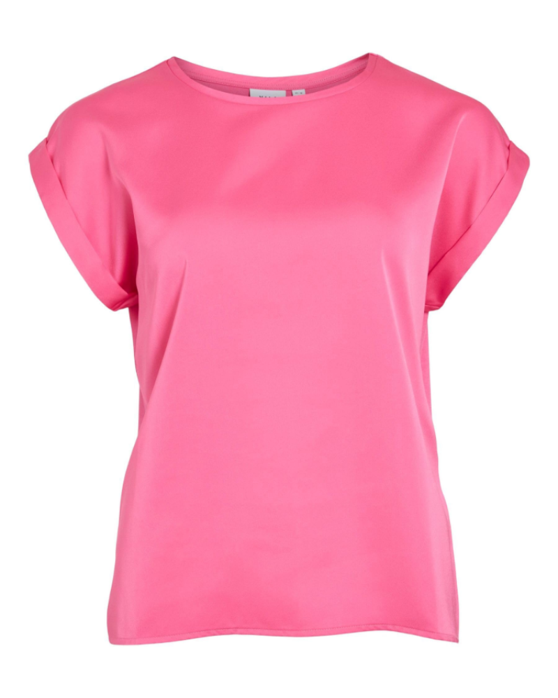 Camicia Lennox da donna – Blusa satinata scollo rotondo maniche corte spalle scese elegante