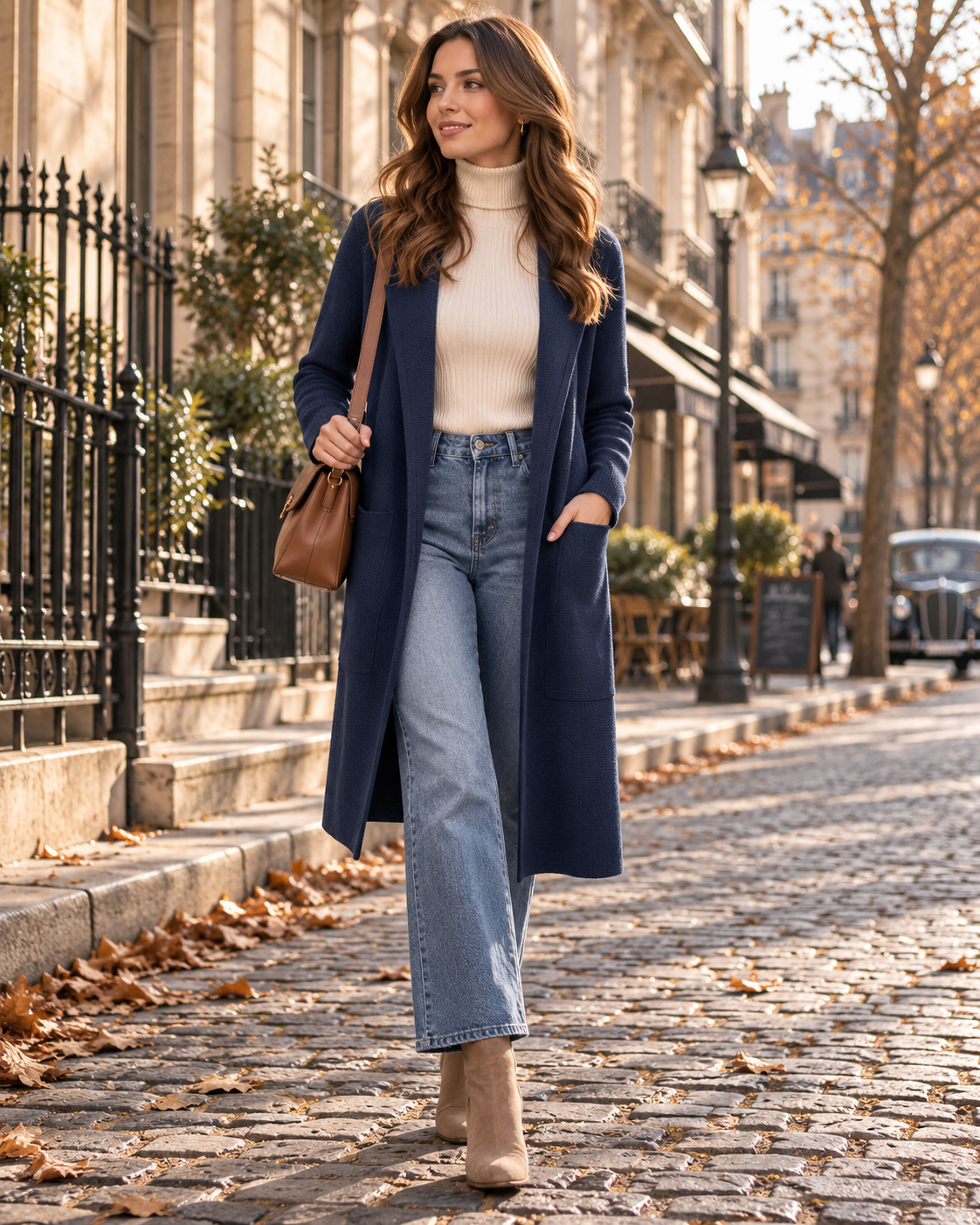 Vera Cardigan Long Femme – Maille Douce, Devant Ouvert, Col à Revers & Grandes Poches