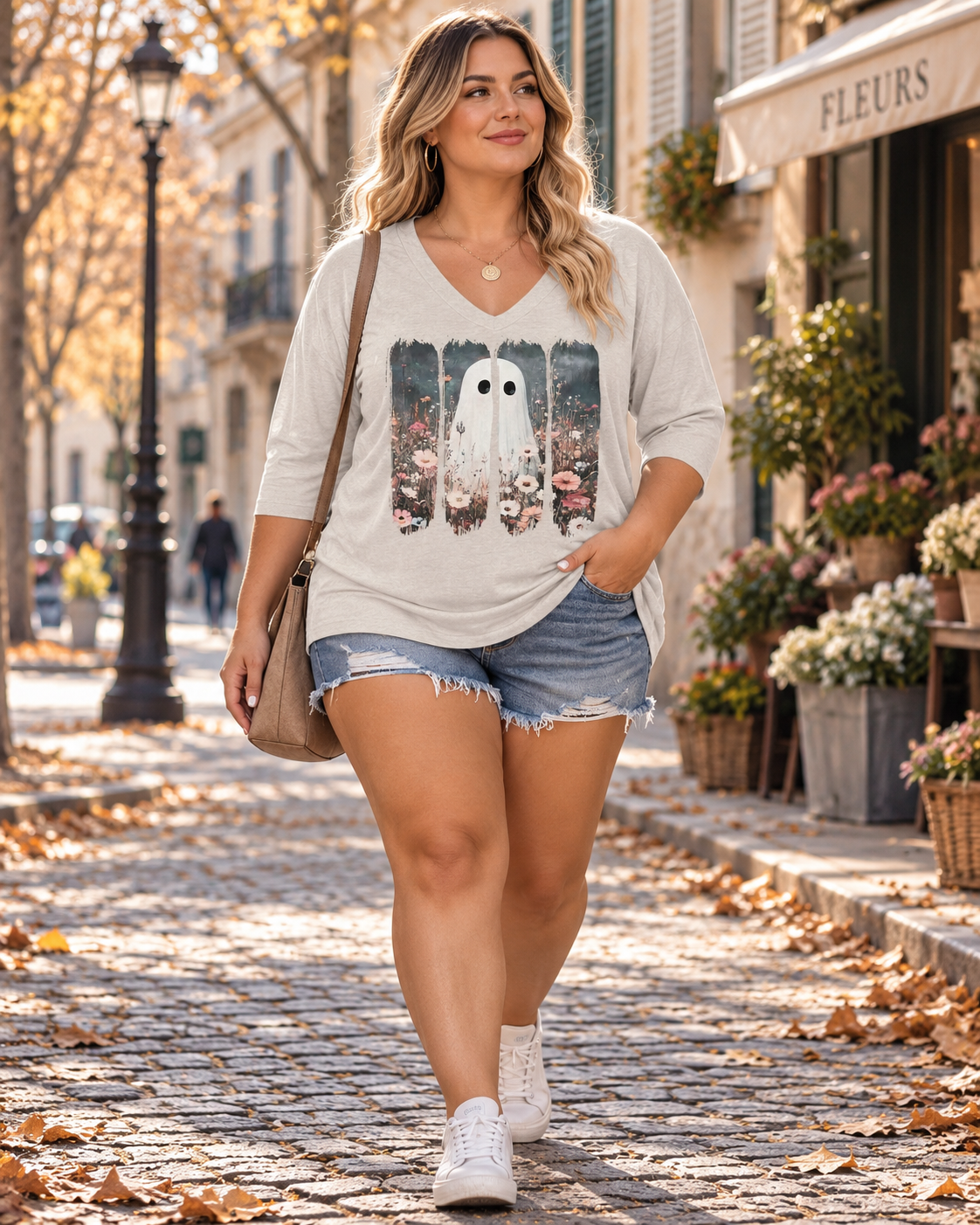 Deborah T-shirt Halloween femme grande taille – Motif fantômes, col V, manches 3/4, coupe ample