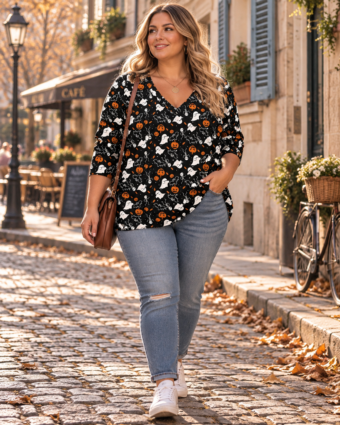 Deborah T-shirt Halloween femme grande taille – Motif fantômes, col V, manches 3/4, coupe ample
