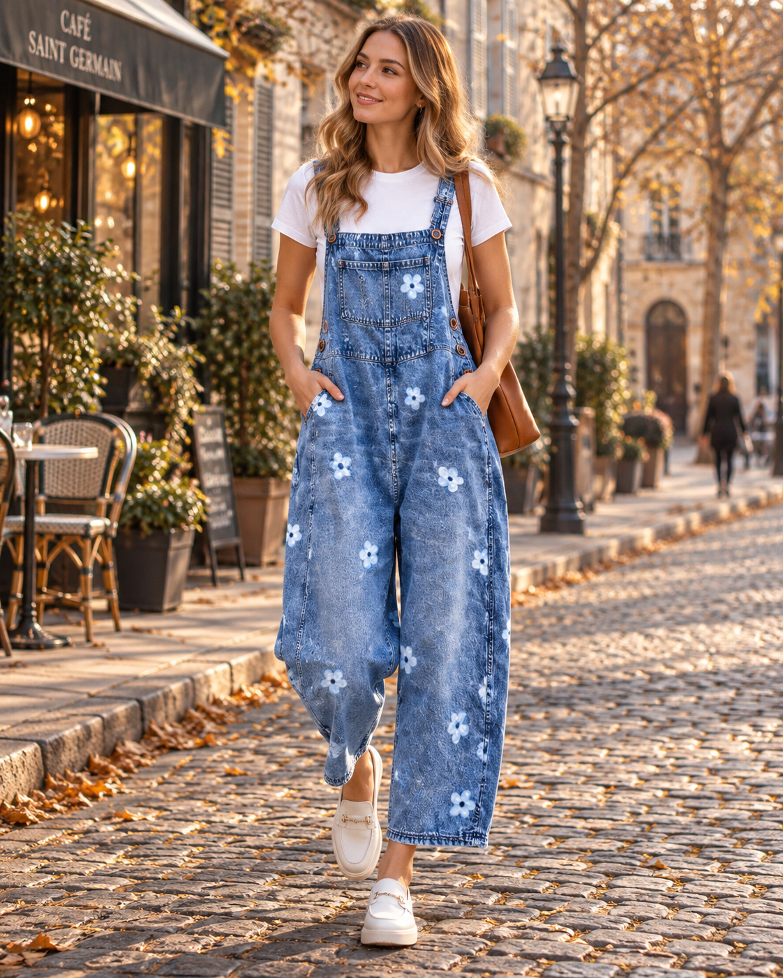 Millicent Salopette Jean Femme – Motif Fleuri, Jambes Larges et Bretelles Réglables